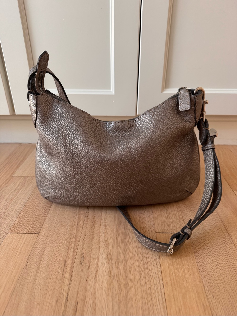 Fendi Selleria pewter leather hobo crossbody handbag purse bag
